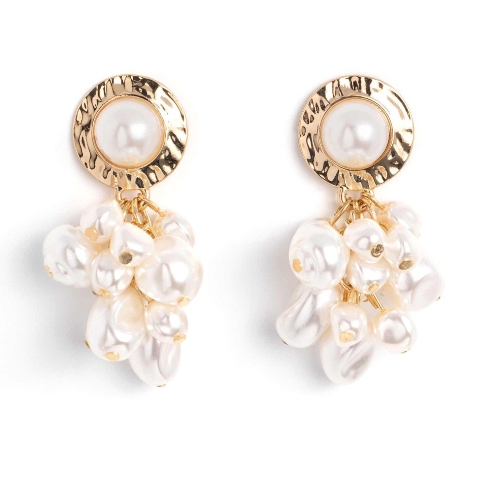 Paparazzi Gold and White Pearl Drop Earrings Long Time No Sea Gold Post Jewelry